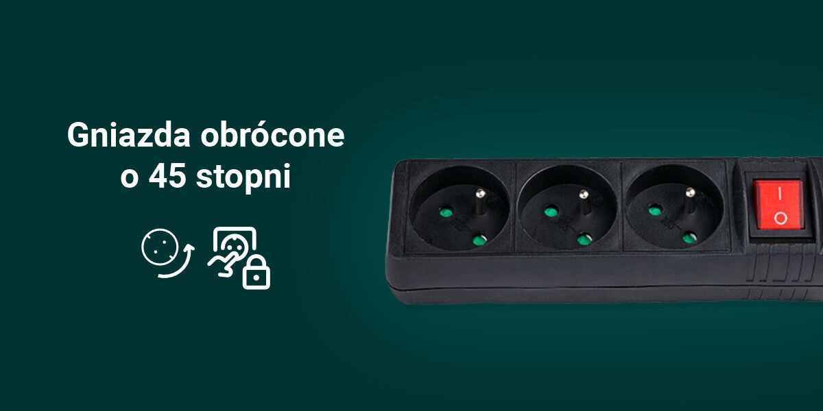 Listwa HAMA Standard 3GN 3 m Czarny
przemyślany układ gniazd, trzy gniazda typu E, umieszczone pod kątem 45 stopni, praktyczne rozwiązanie,
zabezpieczenie styków
zielone tło, biały napis Gniazda obrócone o 45 stopni, produkt