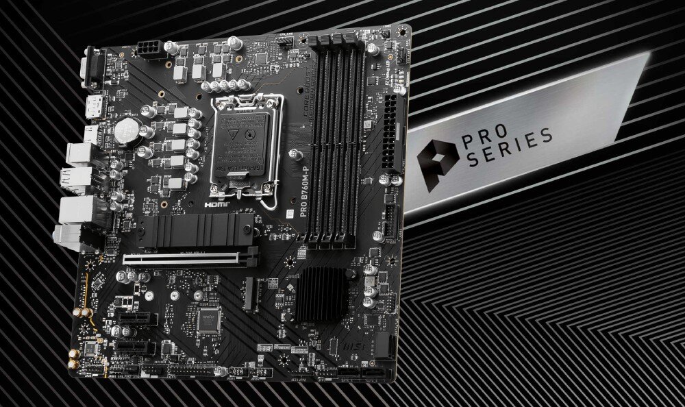 Płyta główna MSI Pro B760M-P DDR5 widok płyty głównej na tle czarnych linii z metalową tabliczką z napisem 'Pro Series' po prawej stronie
