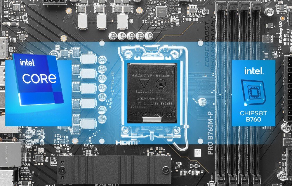 Płyta główna MSI Pro B760M-P DDR5 zbliżenie na gniazdo procesora z podświetlonymi elementami i logotypami 'Intel Core' oraz 'Chipset B760'