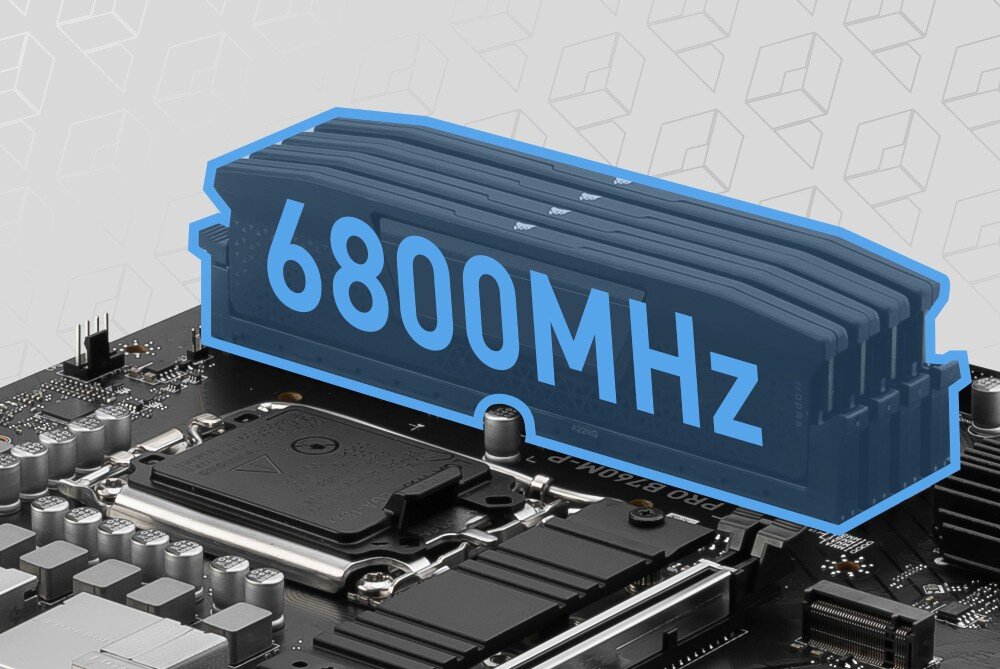 Płyta główna MSI Pro B760M-P DDR5 ujęcie slotów pamięci z niebieskim napisem '6800MHz' umieszczonym nad modułami RAM