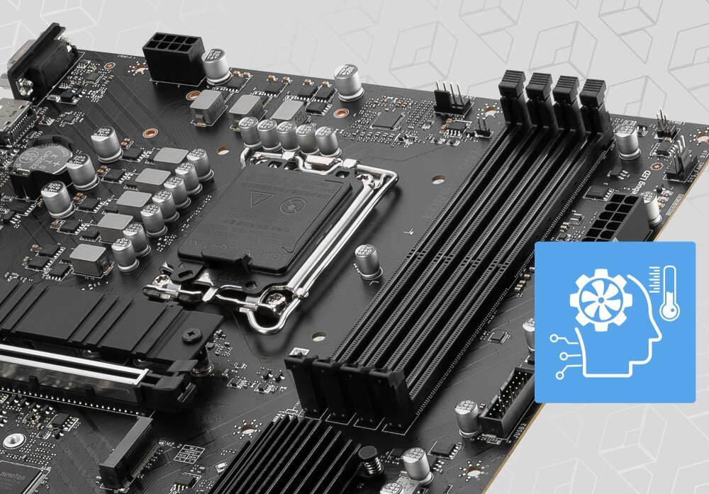 Płyta główna MSI Pro B760M-P DDR5 fragment płyty z widocznym gniazdem procesora i czterema slotami pamięci RAM oraz ikoną z symbolem głowy i wentylatora