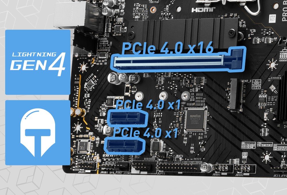 Płyta główna MSI Pro B760M-P DDR5 część płyty z oznaczeniem trzech slotów PCIe w kolorze niebieskim oraz ikonami 'Lightning Gen4' i hełmu
