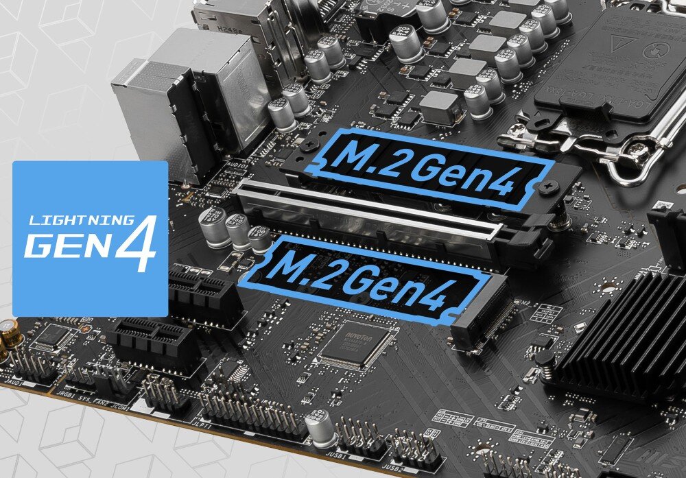 Płyta główna MSI Pro B760M-P DDR5 zbliżenie na dwa sloty M.2 oznaczone jako 'M.2 Gen4' wraz z logo 'Lightning Gen4' po lewej stronie