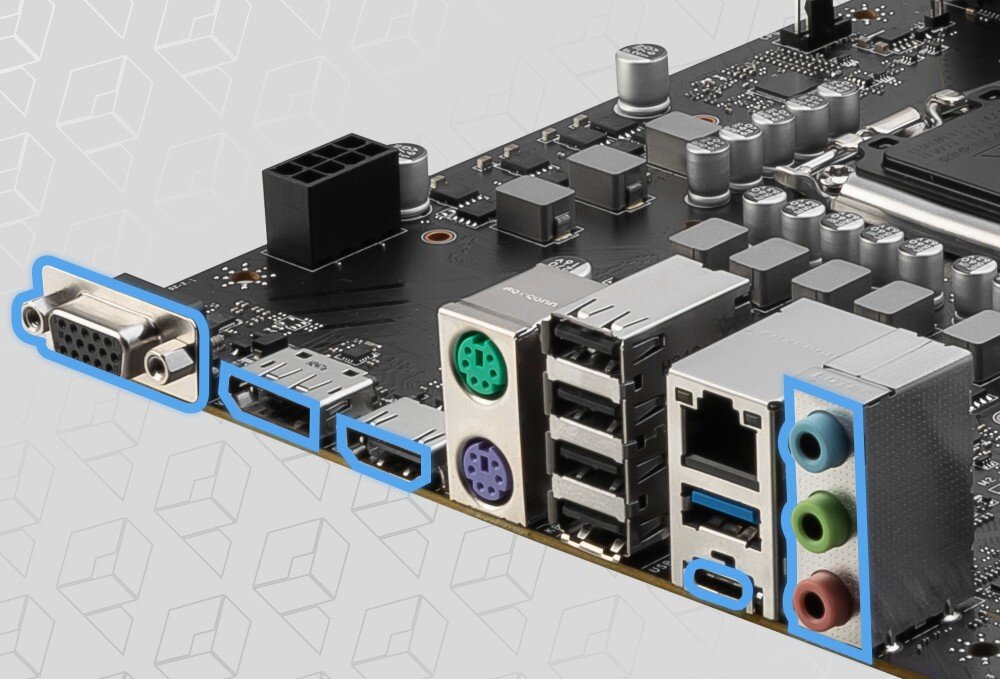 Płyta główna MSI Pro B760M-P DDR5 panel tylnych portów z widocznymi złączami VGA, HDMI, DisplayPort, PS/2, USB, LAN i trzema gniazdami audio w różnych kolorach