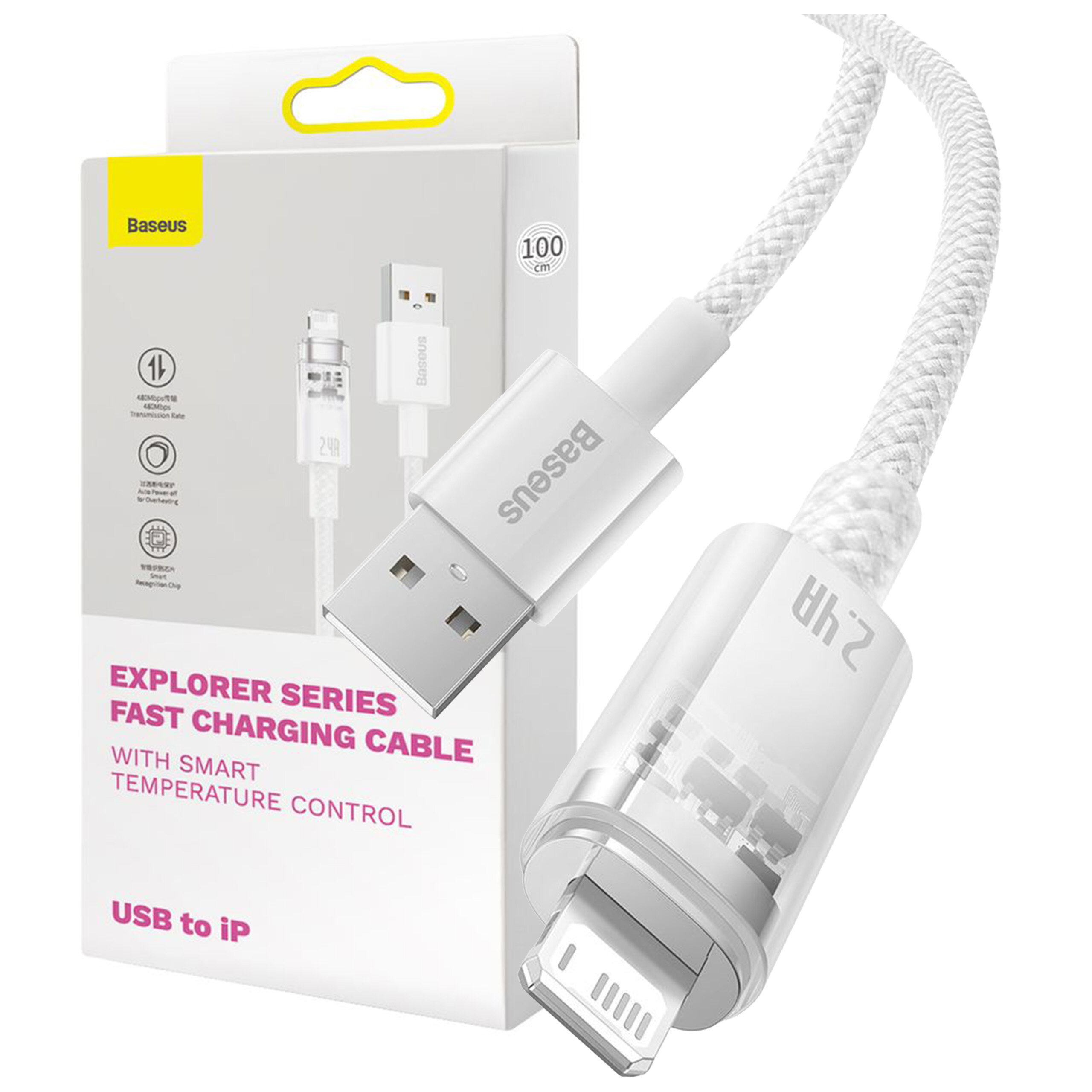 Na obrazie widoczny jest biały kabel USB z logo \'Baseus\' oraz opakowanie z napisem \'EXPLORER SERIES FAST CHARGING CABLE WITH SMART TEMPERATURE CONTROL\'.