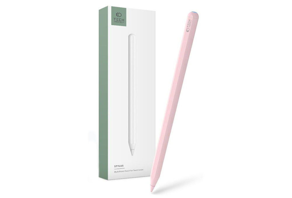 Rysik TECH-PROTECT Digital Stylus Pen 2 Różowy prezentacja rysika i jego opakowania system diod LED sygnalizuje aktywność proces ładowania potwierdzenie pełnego naładowania baterii monitorowanie poziomu naładowania dzięki Bluetooth indukcyjna technologia ładowania
