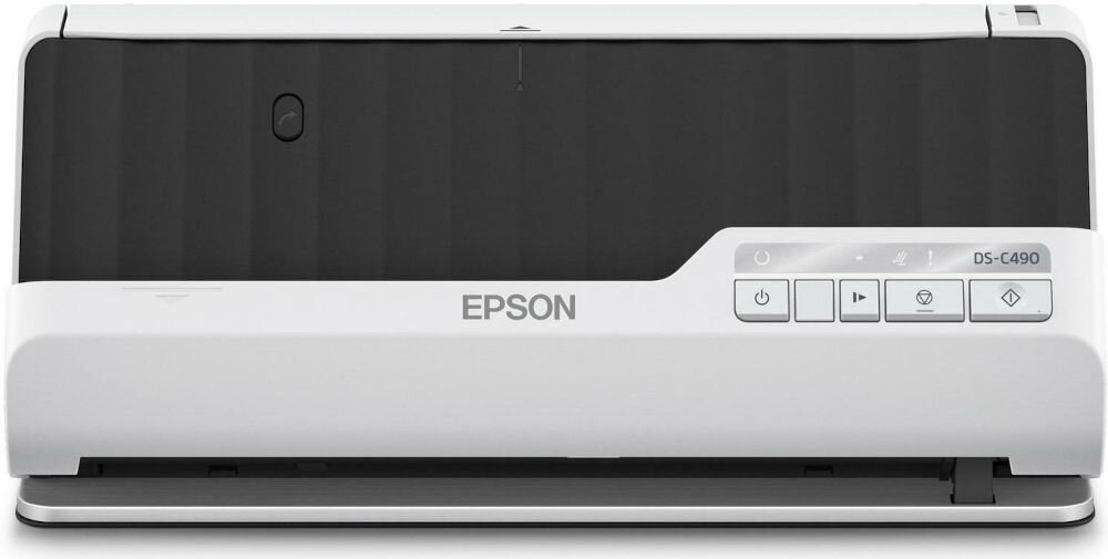 Skaner EPSON DS-C490 widok na przód urządzenia przyciski logo producenta skanowanie z obrotem o 180 stopni kompaktowe wymiary mały skaner