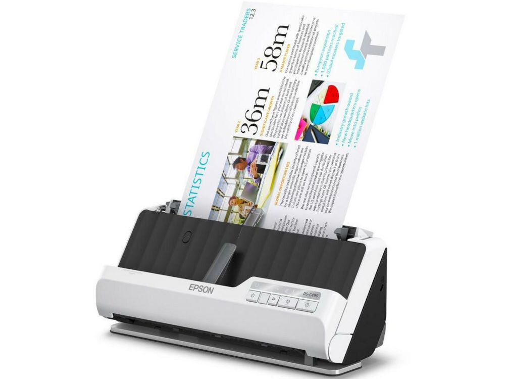 Skaner EPSON DS-C490 skosem w trakcie skanowania dokumentu formaty paszport broszury długie arkusze plastikowe karty prosty przebieg papieru