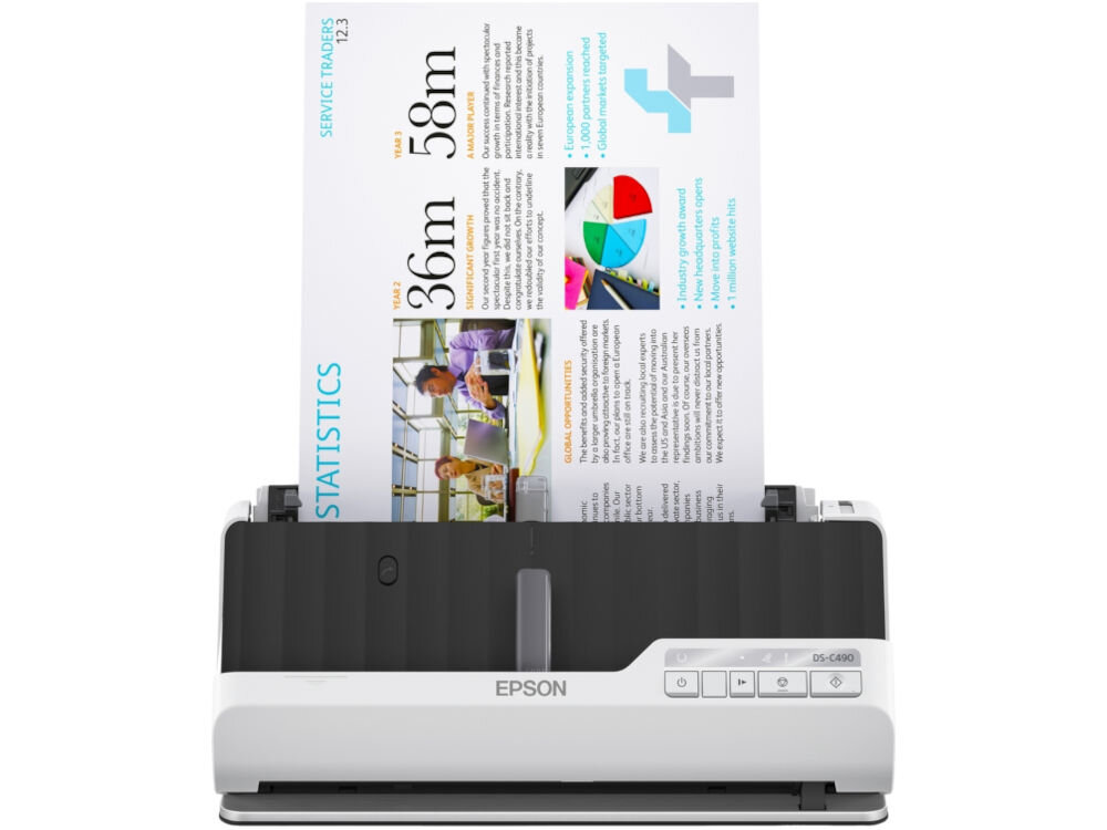 Skaner EPSON DS-C490 frontem w trakcie skanowania dokumentu do stron do 80 obrazów skanowanie dwustronne do 6500 stron dziennie rozdzielczość 600 dpi usb-c wifi oprogramowanie epson