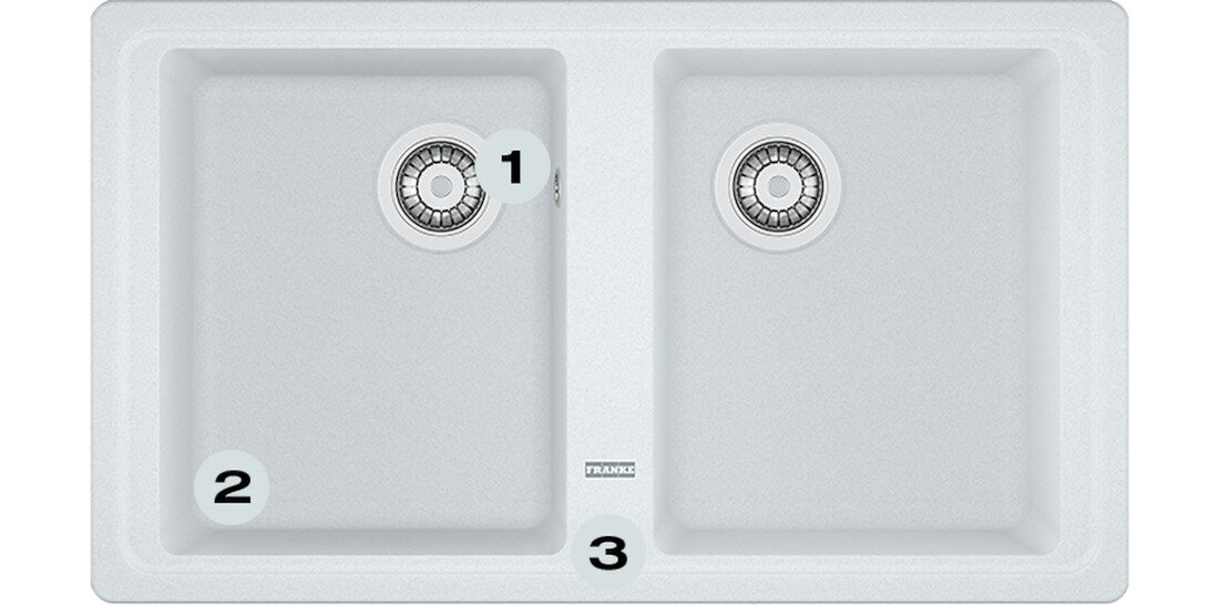 Zlewozmywak FRANKE Basis BFG 620-34-34 114.0676.270 Postaw na komfort w kuchni  zlewozmywak z góry z widocznymi numerami 1 na montażu młynka  2 na gamie kolorystycznej  3 na dwóch głębokich komorach