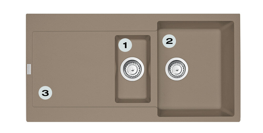 Zlewozmywak FRANKE Maris MRG 651-97 114.0675.993 Cappuccino  Postaw na komfort w kuchni zlewozmywak z góry z widocznymi numerami 1 na ociekaczu 2 na odpływie 3 na głębokiej komorze