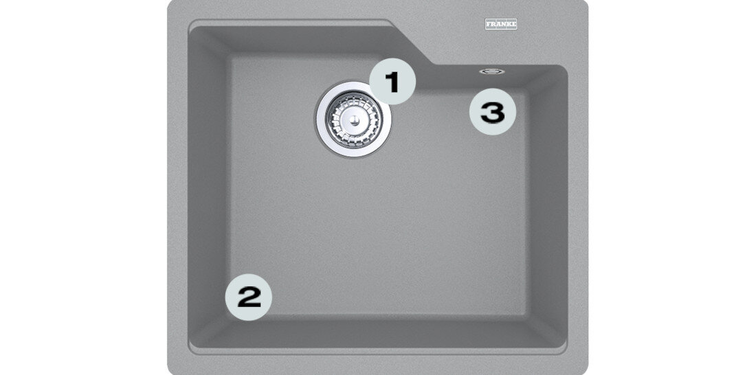 Zlewozmywak FRANKE Urban UBG 610-50 114.0687.259 Kamienny szary Postaw na komfort w kuchni  zlewozmywak z góry z widocznymi numerami 1 na montażu młynka  2 na gamie kolorystycznej  3 na dwóch głębokich komorach