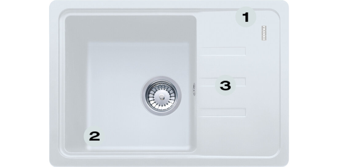 Zlewozmywak FRANKE Malta BSG 611-62 114.0676.318 Biały polarny Postaw na komfort w kuchni  zlewozmywak z góry z widocznymi numerami 1 na montażu młynka  2 na gamie kolorystycznej  3 na dwóch głębokich komorach