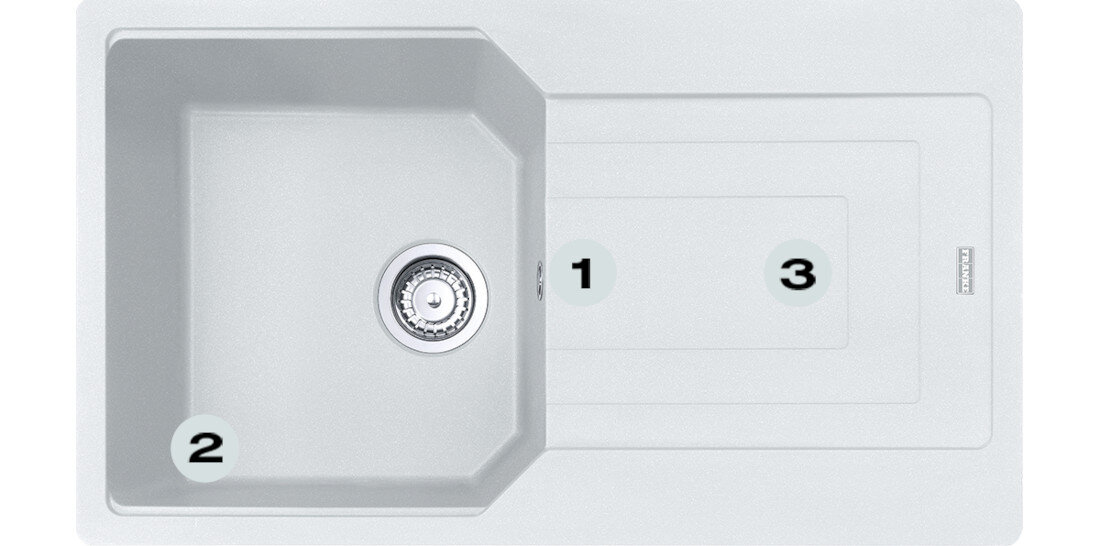Zlewozmywak jednokomorowy z ociekaczem FRANKE Urban UBG 611-86 114.0687.286 Biały polarny Postaw na komfort w kuchni  zlewozmywak z góry z widocznymi numerami 1 na montażu młynka  2 na gamie kolorystycznej  3 na dwóch głębokich komorach