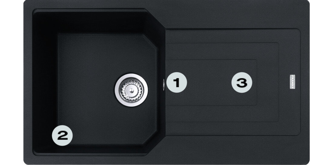 Zlewozmywak jednokomorowy z ociekaczem FRANKE Urban UBG 611-86 114.0687.287 Czarny matowy Postaw na komfort w kuchni  zlewozmywak z góry z widocznymi numerami 1 na montażu młynka  2 na gamie kolorystycznej  3 na dwóch głębokich komorach