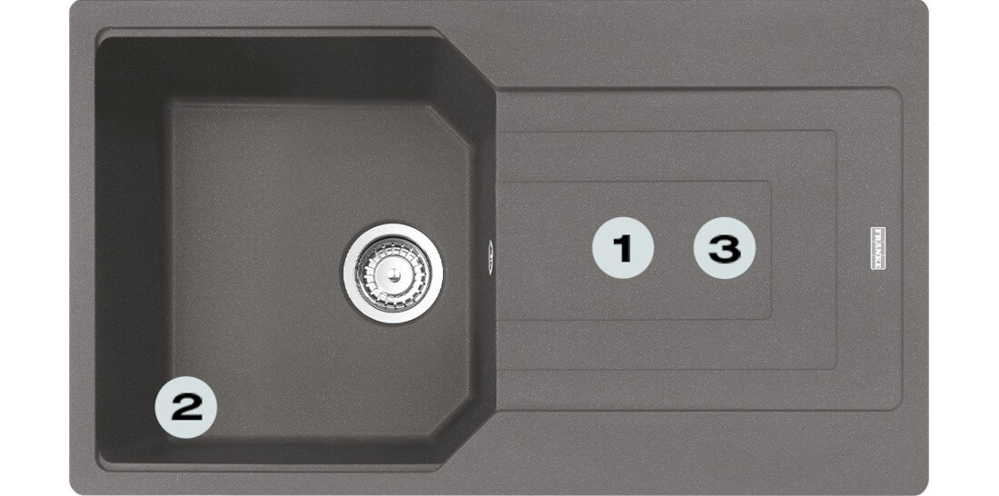 Zlewozmywak jednokomorowy z ociekaczem FRANKE Urban UBG 611-86 114.0687.288 Kamienny szary Postaw na komfort w kuchni  zlewozmywak z góry z widocznymi numerami 1 na montażu młynka  2 na gamie kolorystycznej  3 na dwóch głębokich komorach