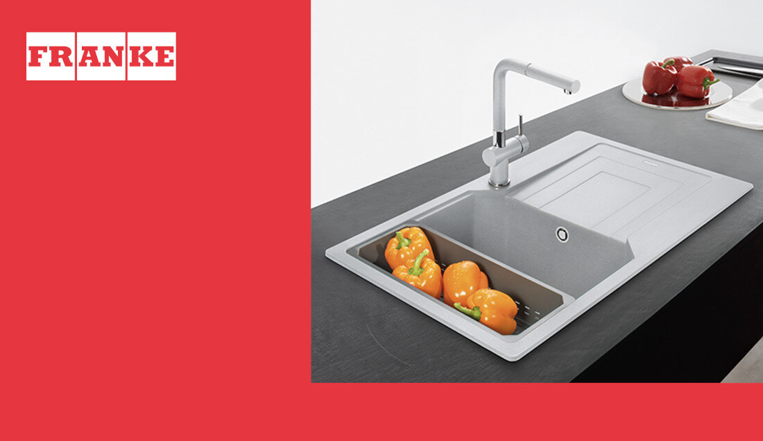 Zlewozmywak jednokomorowy z ociekaczem FRANKE Urban UBG 611-86 114.0687.288 Kamienny szary wygląd design tło prezentacja wizualizacja