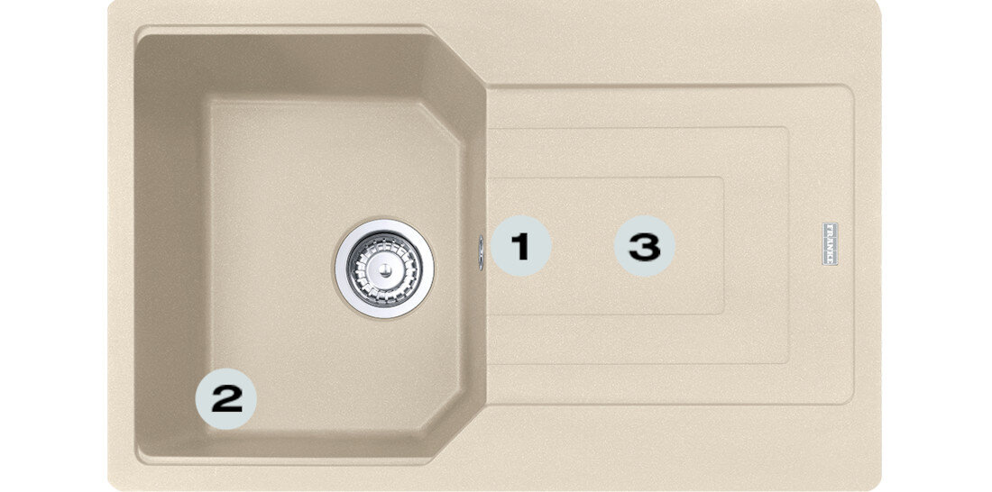 Zlewozmywak jednokomorowy z ociekaczem FRANKE Urban UBG 611-78 GSC 114.0687.269 Beżowy Postaw na komfort w kuchni  zlewozmywak z góry z widocznymi numerami 1 na montażu młynka  2 na gamie kolorystycznej  3 na dwóch głębokich komorach