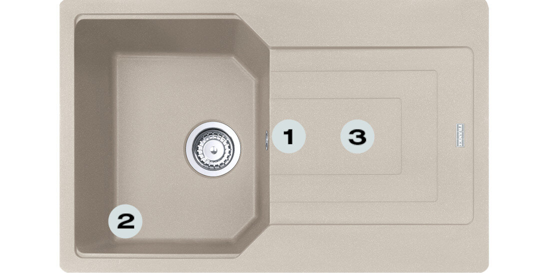 Zlewozmywak jednokomorowy z ociekaczem FRANKE Urban UBG 611-78 114.0687.274 Orzechowy 50x78 Postaw na komfort w kuchni  zlewozmywak z góry z widocznymi numerami 1 na montażu młynka  2 na gamie kolorystycznej  3 na dwóch głębokich komorach
