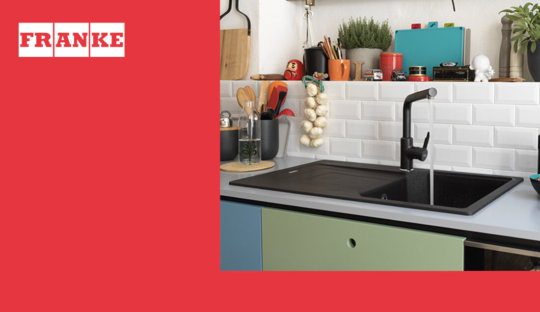 Zlewozmywak jednokomorowy z ociekaczem FRANKE Urban UBG 611-78 GSC 114.0687.275 Czarny matowy wygląd design tło prezentacja wizualizacja