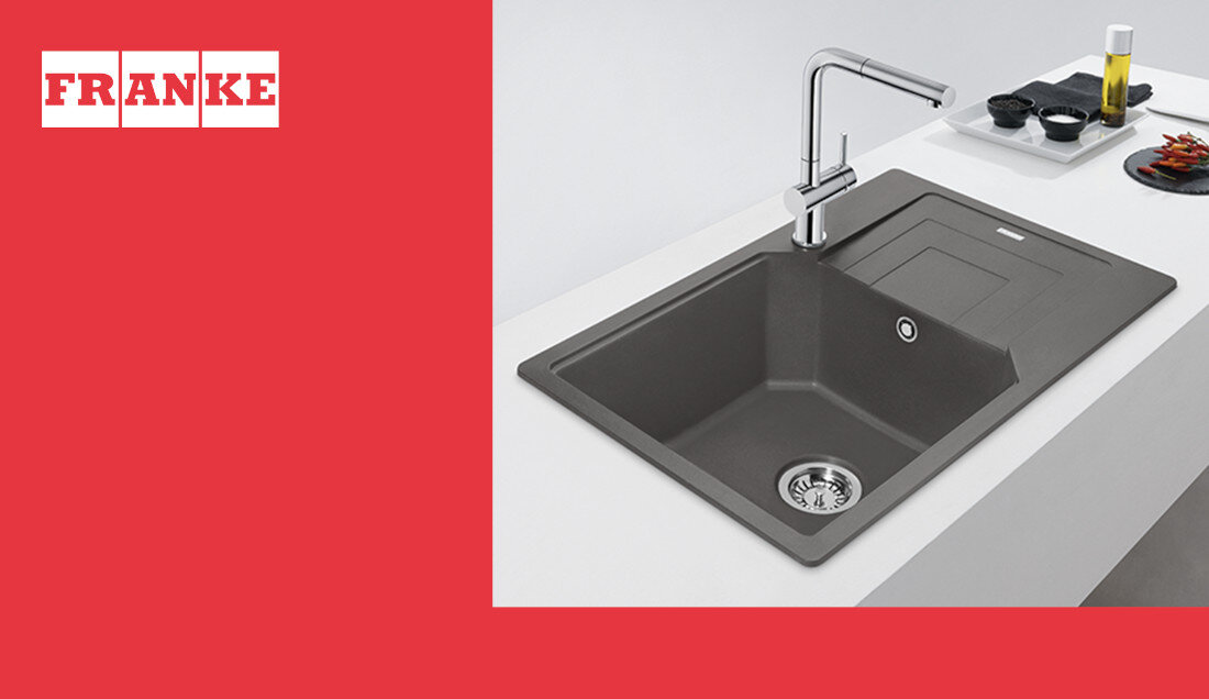 Zlewozmywak jednokomorowy z ociekaczem FRANKE Urban UBG 611-62 114.0687.266 Kamienny szary wygląd design tło prezentacja wizualizacja