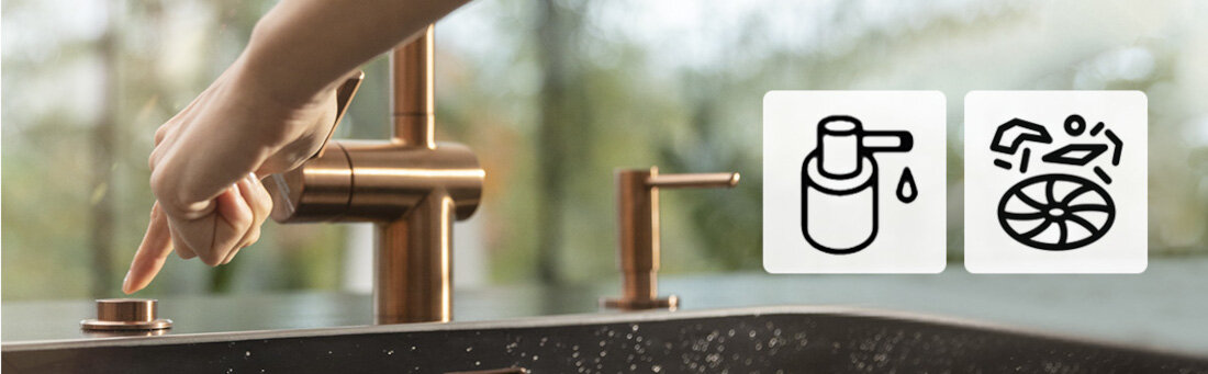 Zlewozmywak jednokomorowy z ociekaczem FRANKE Urban UBG 611-78 114.0687.273 Kamienny szary 50x78 Montaż dodatkowych akcesoriów zlewozmywak z dozownikiem na mydło i młynkiem na odpady dodatkowe elementy praktyczne rozwiązanie