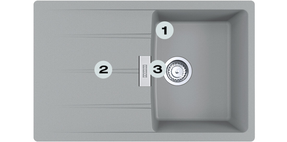 Zlewozmywak FRANKE Centro CNG 611-78 114.0687.320 Kamienny Szary Postaw na komfort w kuchni  zlewozmywak z góry z widocznymi numerami 1 na montażu młynka  2 na gamie kolorystycznej  3 na dwóch głębokich komorach