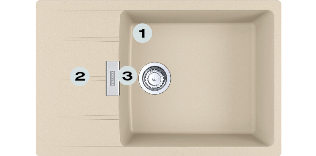 Zlewozmywak FRANKE Centro CNG 611-78 XL 114.0687.324 Beżowy Postaw na komfort w kuchni  zlewozmywak z góry z widocznymi numerami 1 na montażu młynka  2 na gamie kolorystycznej  3 na dwóch głębokich komorach