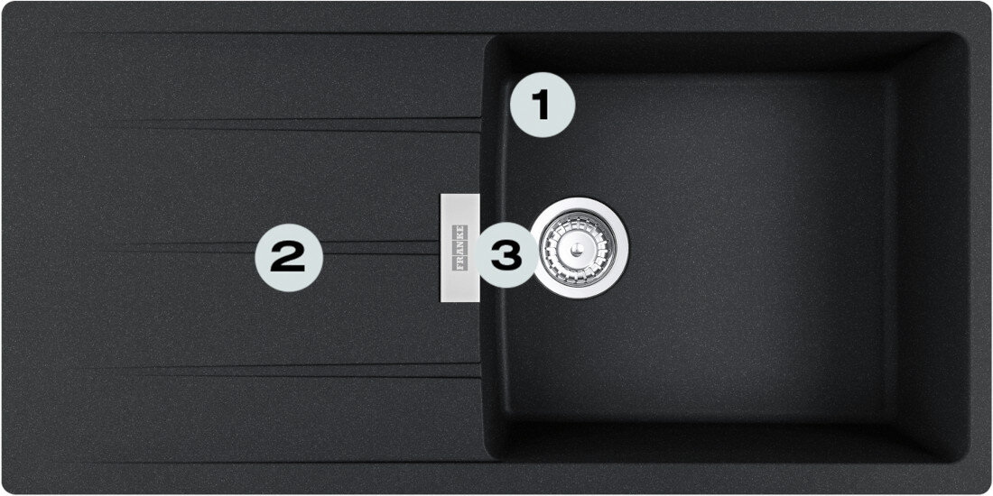 Zlewozmywak FRANKE Centro CNG 611-100 XL GSC 114.0687.335 Onyx Postaw na komfort w kuchni zlewozmywak z góry z widocznymi numerami 1 na montażu młynka 2 na gamie kolorystycznej 3 na dwóch głębokich komorach
