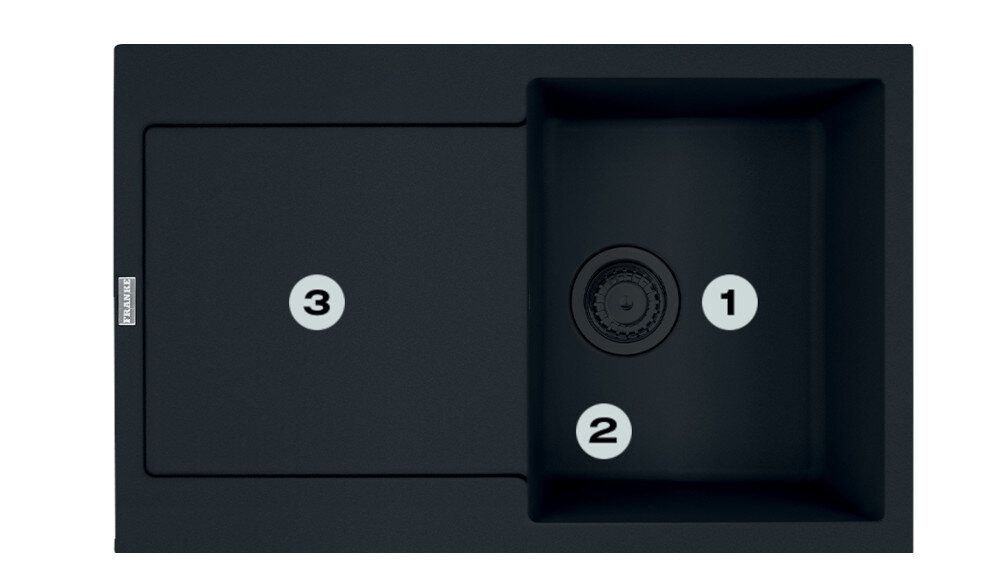 Zlewozmywak FRANKE Maris MRG 611-78 114.0693.533 Czarny matowy Postaw na komfort w kuchni zlewozmywak z góry z widocznymi numerami 1 na ociekaczu 2 na odpływie 3 na głębokiej komorze