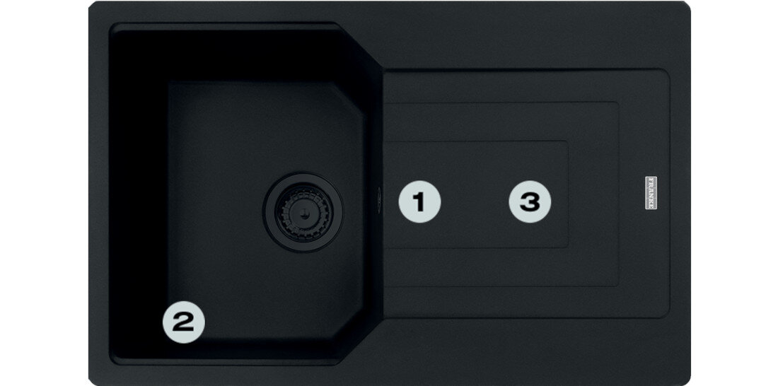 Zlewozmywak jednokomorowy z ociekaczem FRANKE Urban UBG 611-78 GSC 114.0697.752  Czarny matowy Postaw na komfort w kuchni  zlewozmywak z góry z widocznymi numerami 1 na montażu młynka  2 na gamie kolorystycznej  3 na dwóch głębokich komorach