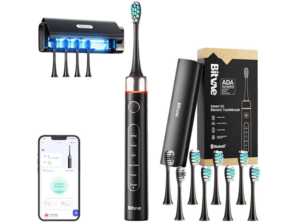 Szczoteczka soniczna BITVAE S2+HD2 Czarny przewody ładujące 8 wymiennych końcówek etui podróżne dokumentacja