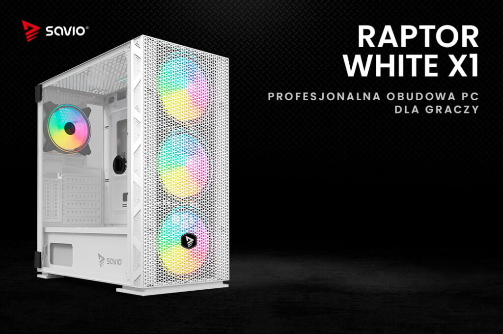 Profesjonalna obudowa PC dla graczy na czarnym tle Savio Raptor White X1