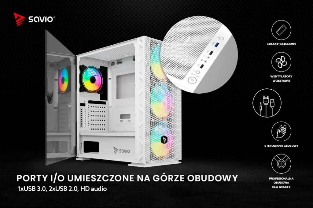 Biała obudowa dla graczy na czarnym tle z infografiką, przybliżenie portów, Savio Raptor X1 White - porty I/O umieszczona na górze obudowy