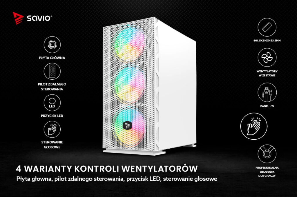 Obudowa komputerowa dla graczy na czarnym tle z infografiką, Savio Raptor X1 White - 4 warianty kontroli wentylatorów