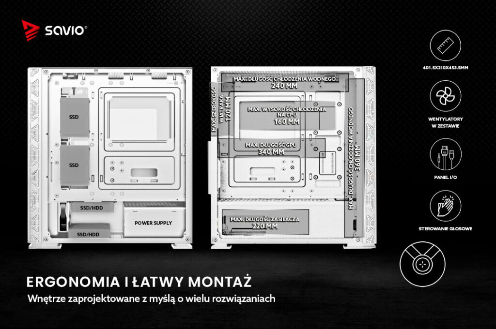 Biala obudowa, montaż podzespołów, na czarnym tle z infografiką - Erogomia i łatwy montaż