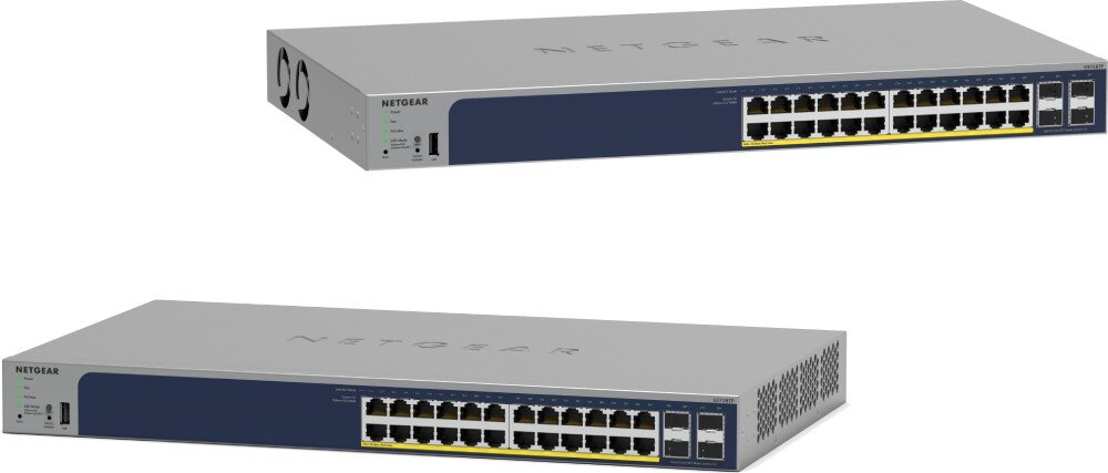 Switch NETGEAR GS728TP-300EUS Przełącznik sieciowy pokazany z góry pod dwoma różnymi kątami, prezentujący przedni panel z portami, diodami oraz boki obudowy z otworami wentylacyjnymi, opis