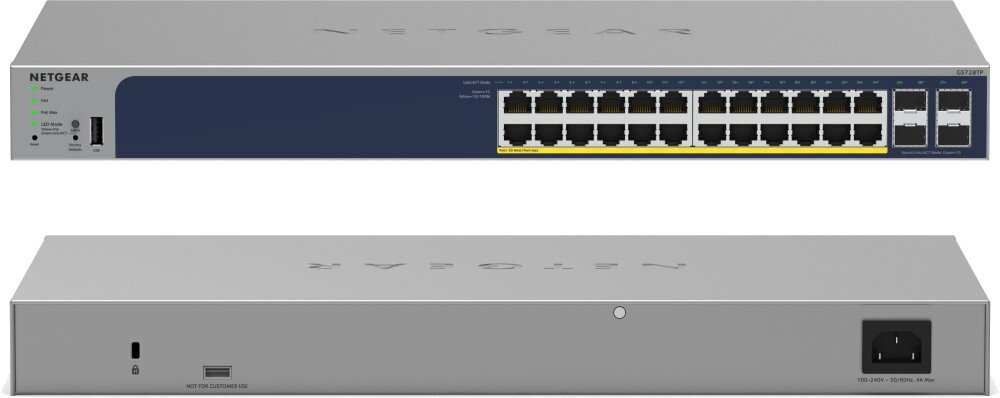 Switch NETGEAR GS728TP-300EUS Widok na przedni panel urządzenia z portami i diodami sygnalizacyjnymi oraz widok na tylną część obudowy z gniazdem zasilania i blokady typu Kensington, żywotność, funkcje