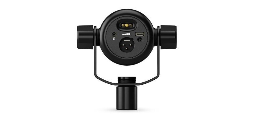 Tył mikrofonu RODE, widoczne są wejścia XLR oraz USB-C.