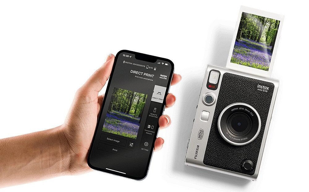 Камера FUJIFILM Instax Mini Evo фотографії друк принтер картриджі плівки роздільна здатність акумулятор ємність об'єктива режими фільтри підключення смартфон керування застосунком фокус діафрагма затвор спалах розміри екран видошукач вага запис карта пам'ять
