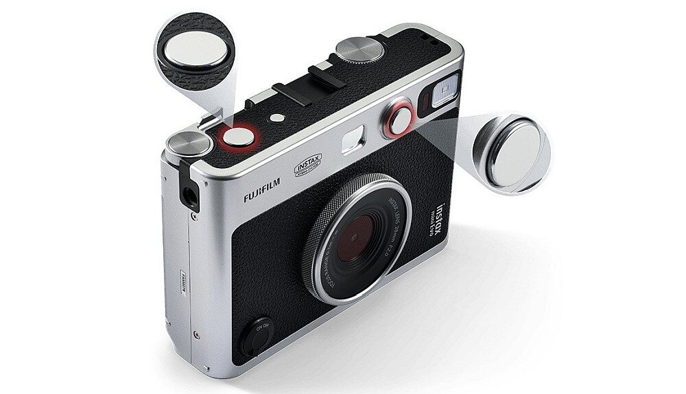 Камера FUJIFILM Instax Mini Evo фотографії друк принтер картриджі плівки роздільна здатність акумулятор ємність об'єктива режими фільтри підключення смартфон керування застосунком фокус діафрагма затвор спалах розміри екран видошукач вага запис карта пам'ять