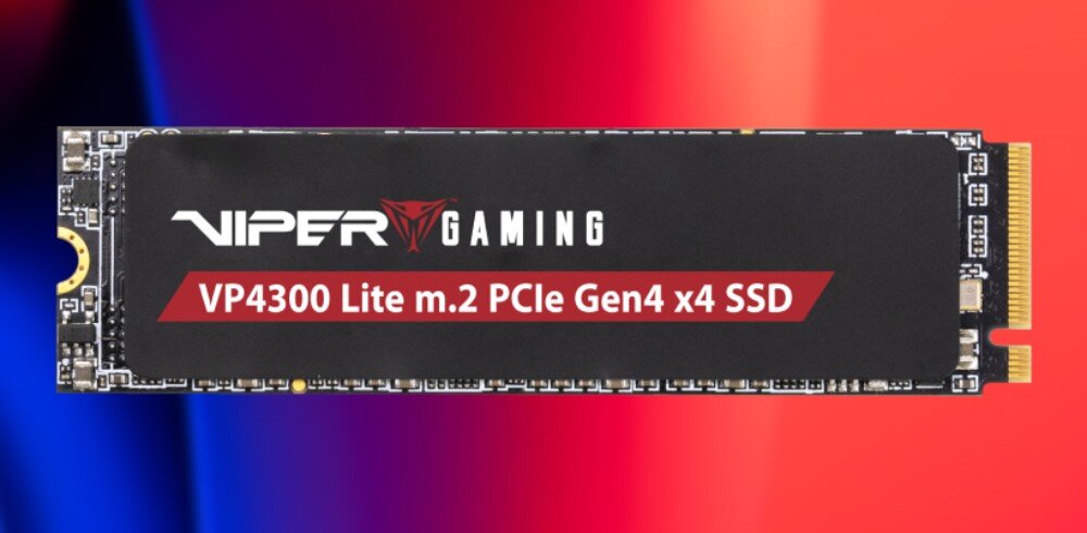 Dysk PATRIOT Viper VP4300 Lite Dysk SSD M.2 z czarnym radiatorem i napisem 'VP4300 Lite m.2 PCIe Gen4 x4 SSD' na tle czerwono-niebieskiego gradientu