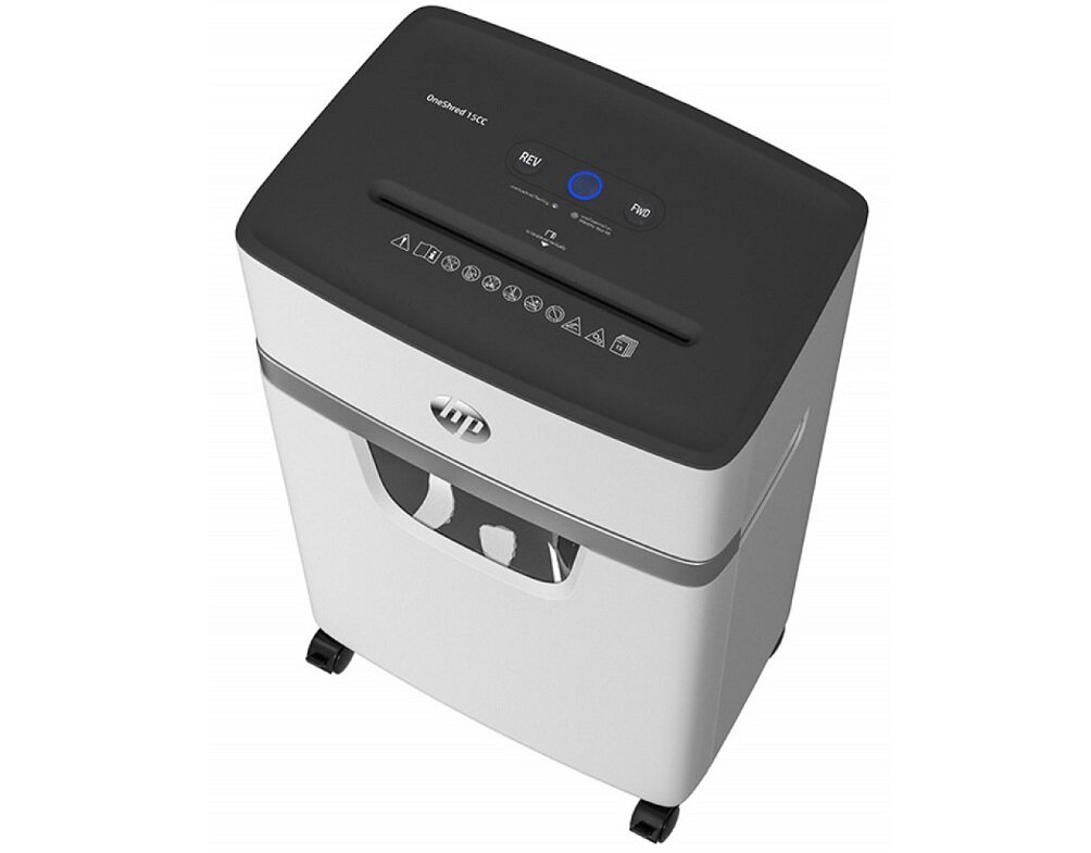 Niszczarka HP OneShred 15CC wymiary niszczy papier karty kredytowe spinacze zszywki Arkusz olejowe