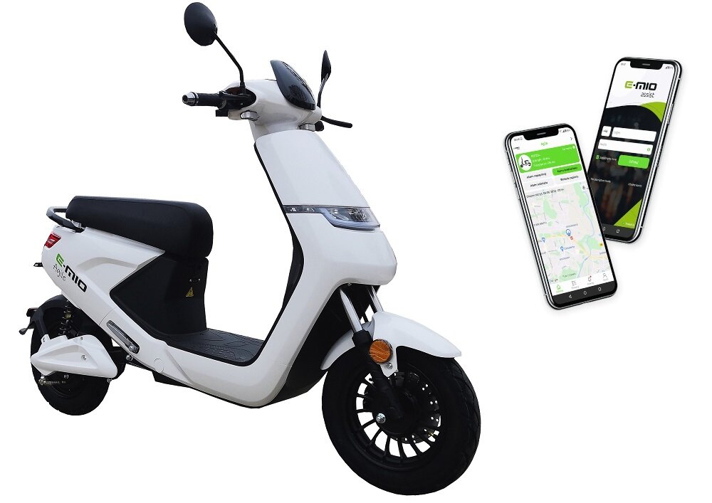 Skuter elektryczny E-MIO Agile z kufrem Biały asystent pojazdu aplikacja mobilna zestaw alarmowy