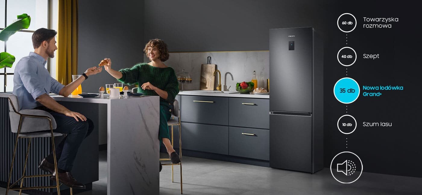 Nie tylko rozmowa, ale i szept generują większy hałas od lodówki Samsung RB34C775CB1, co pokazano na infografice Nie tylko rozmowa, ale i szept generują większy hałas od lodówki Samsung RB34C775CB1, co pokazano na infografice