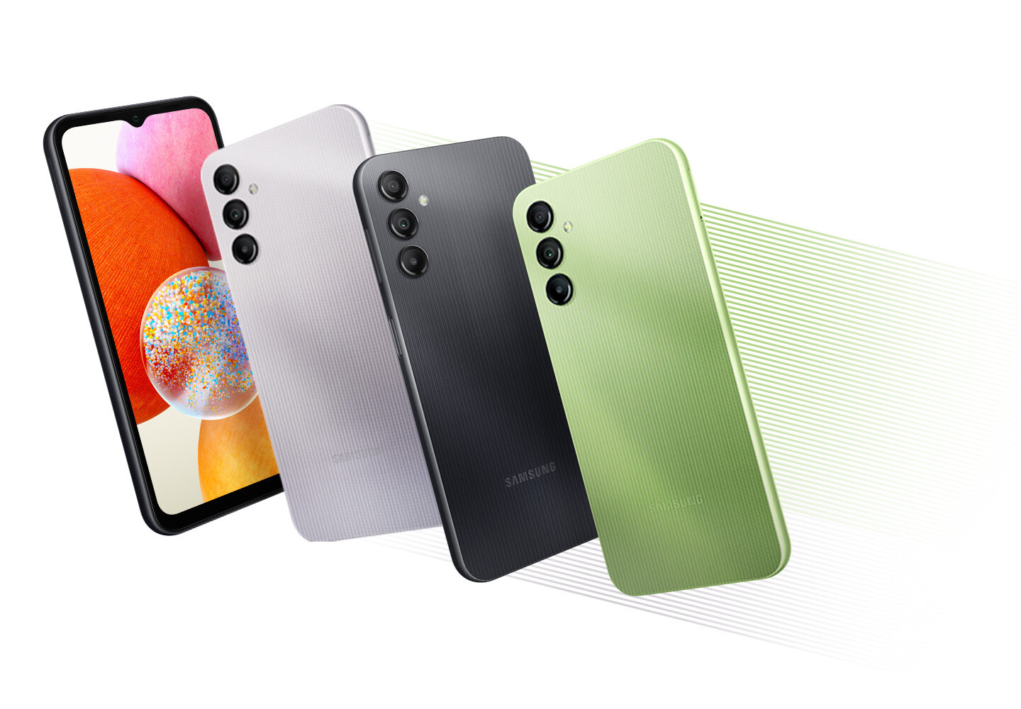 phpmwbj0j design a34nonred Pokazano cztery urządzenia Galaxy A14, aby pokazać dostępność różnych opcji kolorystycznych. Trzy z nich są odwrócone tyłem do kierunku jazdy, aby pokazać swoje kolory od czarnego, jasnozielonego i srebrnego. Drugie urządzenie skierowane do przodu jest ustawione pośrodku, a na jego ekranie wyświetlane są kolorowe kulki.