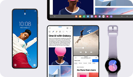 phpshkoqz sm-a146-11-2-one-ui Galaxy Z Flip po lewej stronie ma tapetę i widżet zegara cyfrowego. Obok niego ekran Galaxy Z Fold jest podzielony na trzy sekcje. Powyżej widoczny jest pasek zadań Galaxy Tab. Galaxy Watch po prawej ma tarczę zegarka.