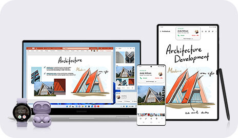 php2m5rt9 sm-a546-10-3-connected-experience Different Galaxy devices can be seen. From the left is Galaxy Watch, Galaxy Buds, Galaxy Book, Galaxy smartphone, Galaxy Tab and S Pen. Some parts of the drawing on Galaxy Tab are on a document displayed on Galaxy Book. Gallery app screen on Galaxy smartphone is displayed on Galaxy Book. On Galaxy Watch, Galaxy Book, Galaxy smartphone and Galaxy Tab, a notification of an incoming call is displayed.