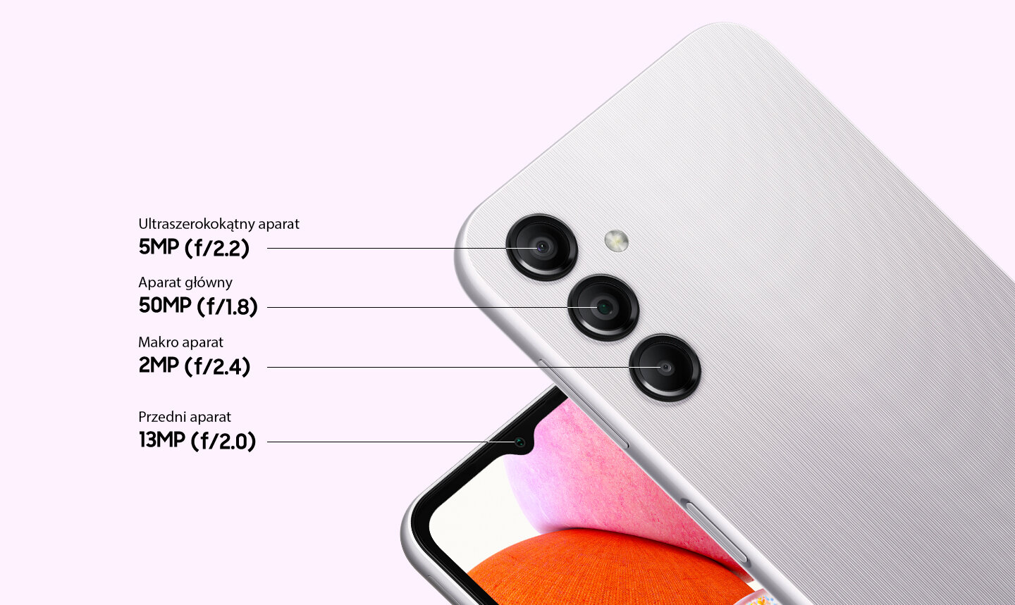 phpqe84w9 sm-a14lte-03-camera Dwa urządzenia, oba w kolorze srebrnym, pokazują tylną i przednią stronę urządzenia. Po prawej stronie, z tyłu urządzenia widać ultraszerokokątny aparat 5MP f2.2, główny aparat 50MP f1.8 i aparat makro 2MP f2.4. Po lewej stronie przednia strona urządzenia pokazuje przednią kamerę 13MP f2.0.e
