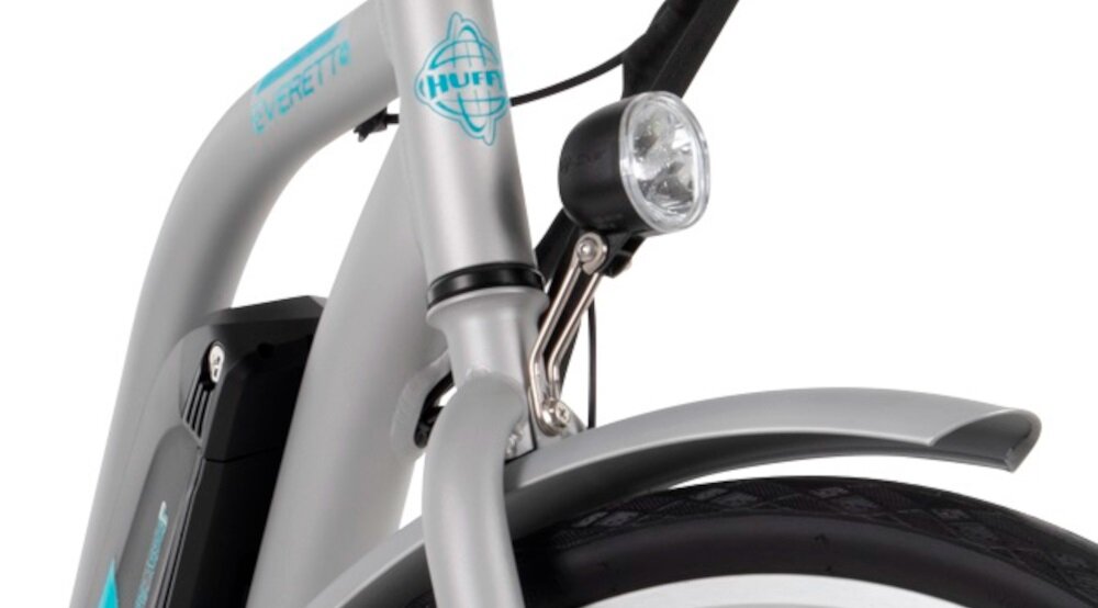 Rower elektryczny HUFFY Everett Plus 27.5 cala Srebrny bezpieczenstwo przednie oswietlenie LED doskonala widocznosc i bezpieczenstwo na drodze wymagane przez prawo drogowe